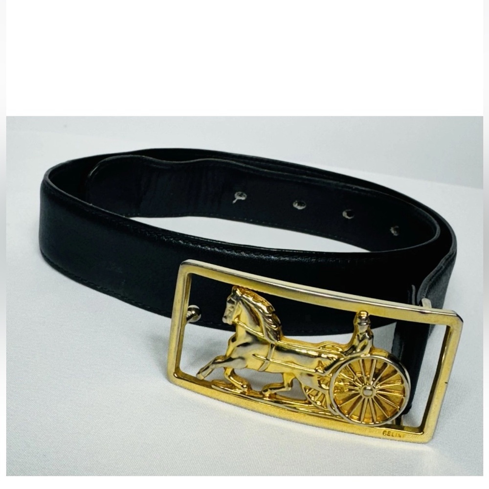 CELINE Vintage Carriage Buckle Belt Size 60 XS Square Leather Black